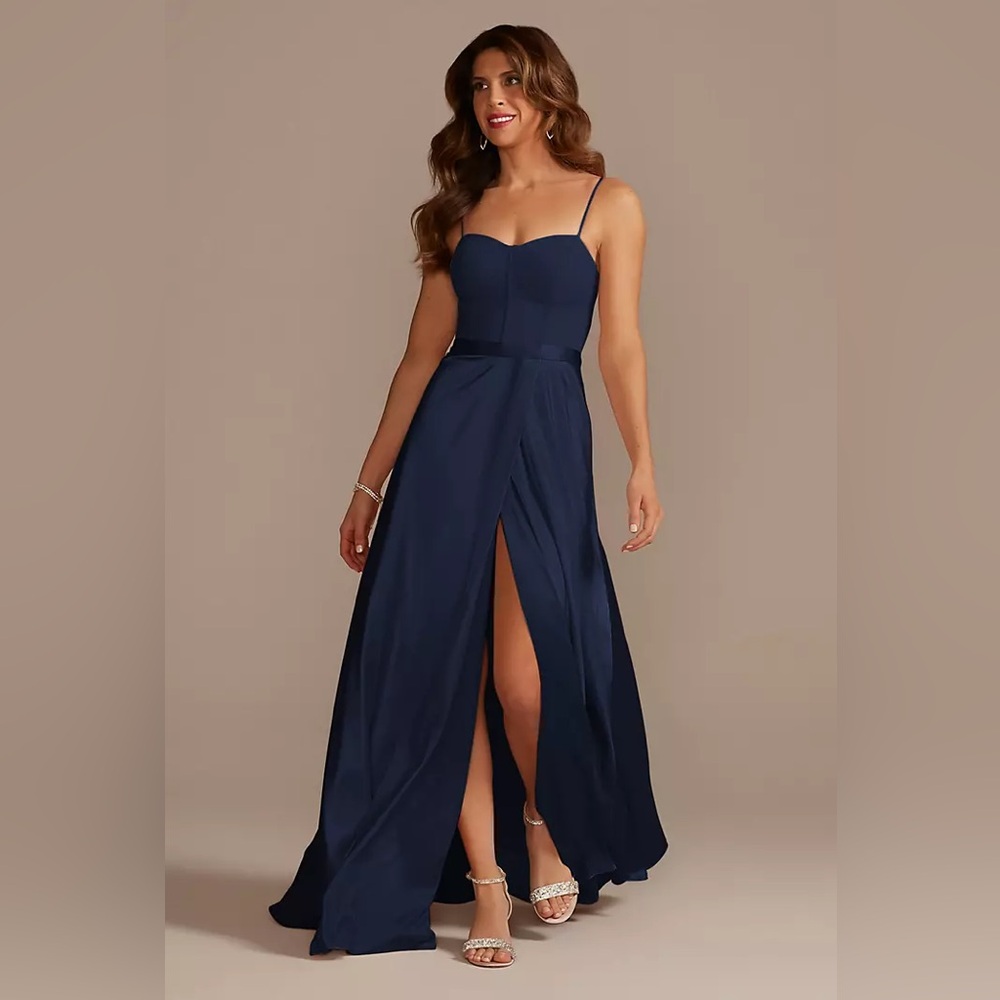 Galina Signature | Crepe Corset Bridesmaid Dress with Charmeuse Skirt - MARINE